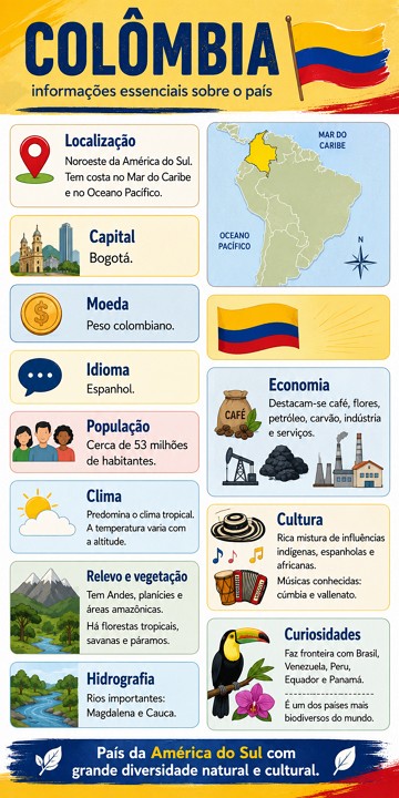 Infogr&aacute;fico sobre a Col&ocirc;mbia com informa&ccedil;&otilde;es essenciais