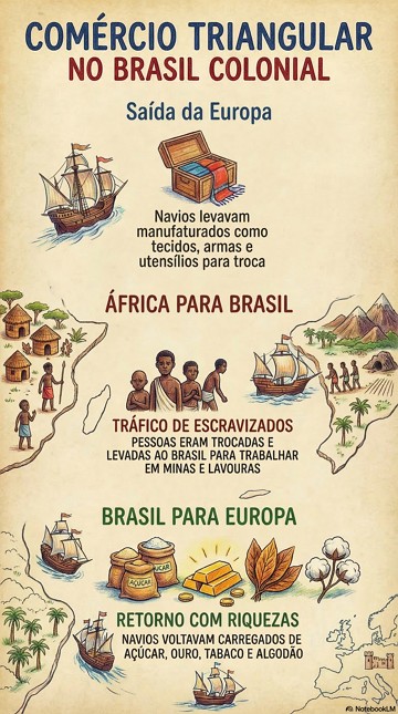 Infogr&aacute;fico explicando as etapas do com&eacute;rcio triangular no Brasil Colonial