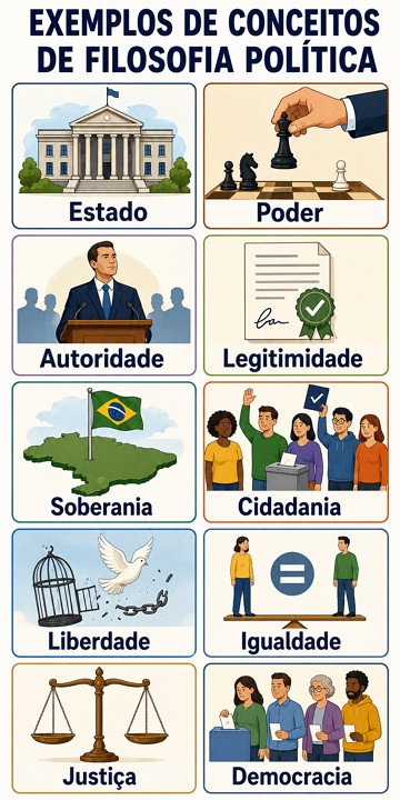 Infogr&aacute;fico com exemplos de conceitos da filosofia pol&iacute;tica