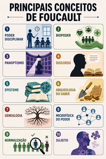 Infogr&aacute;fico citando os 10 conceitos mais importantes de Foucault