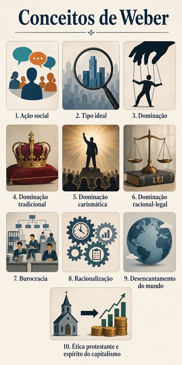 Infogr&aacute;fico com imagens simbolizando os principais conceitos de Max Weber