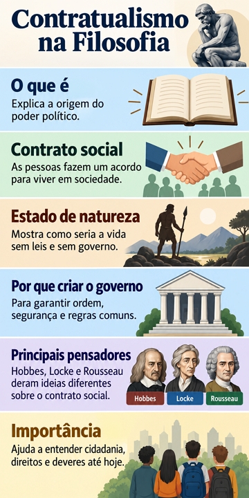 Infogr&aacute;fico com s&iacute;ntese sobre o Contratualismo na Filosofia