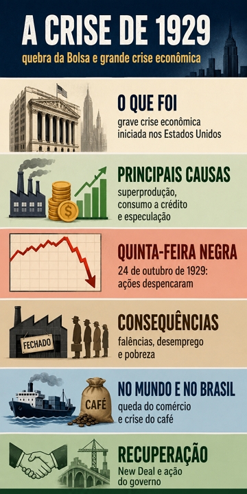 Infogr&aacute;fico com resumo sobre a Crise de 1929