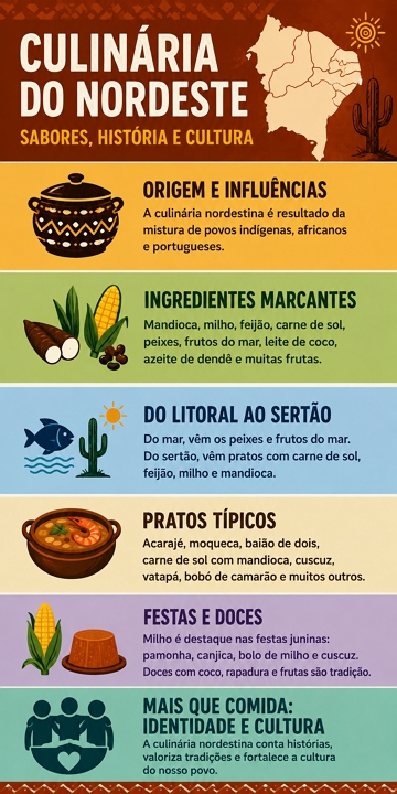 Infogr&aacute;fico sobre a culin&aacute;rio do Nordeste com foco em exemplos, hist&oacute;ria e cultura