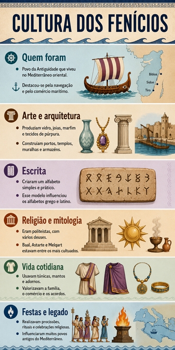 Infográfico sobre os principais aspectos da cultura dos fenícios Infográfico sobre os principais aspectos da cultura dos fenícios