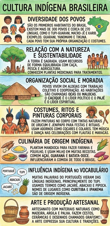 Infogr&aacute;fico com as principais caracter&iacute;sticas da cultura ind&iacute;gena brasileira