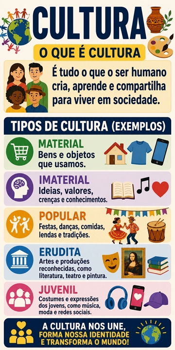 Infogr&aacute;fico sobre o que &eacute; cultura, tipos e exemplos