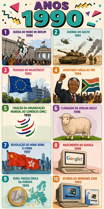 Infogr&aacute;fico sobre os principais eventos hist&oacute;rico da d&eacute;cada de 1990