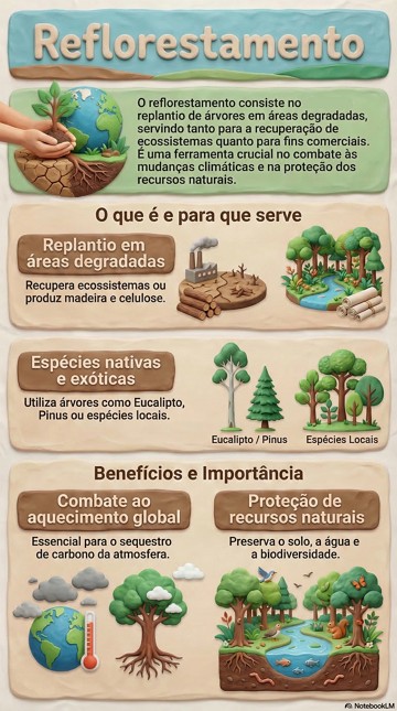 Infogr&aacute;fico did&aacute;tico sobre reflorestamento e sua import&acirc;ncia ambiental