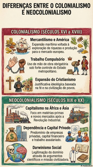 Infogr&aacute;fico apontando as diferen&ccedil;as entre o Colonialismo e o Neocolonialismo