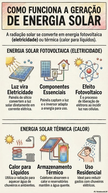 Infogr&aacute;fico explicando como funciona a gera&ccedil;&atilde;o de energia solar e os dois tipos principais: fotovoltaico e t&eacute;rmico