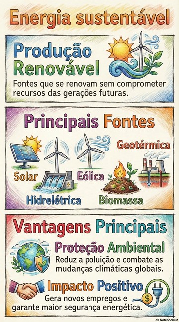 Infogr&aacute;fico sobre energia sustent&aacute;vel, suas caracter&iacute;sticas e exemplos