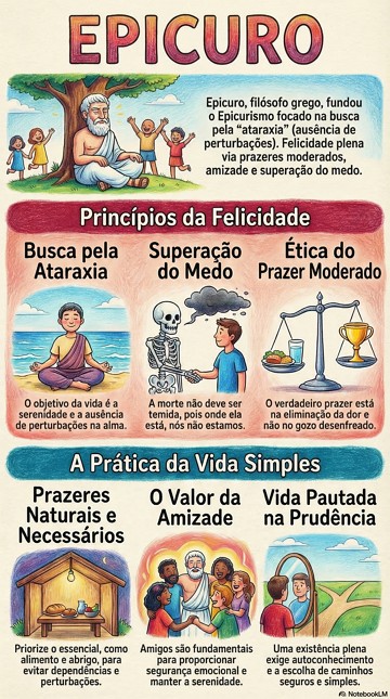 Infogr&aacute;fico sobre o fil&oacute;sofo Epicuro e suas principais ideias filos&oacute;ficas