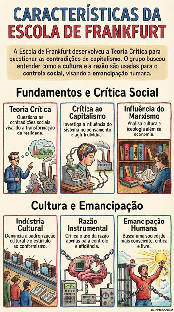 Infogr&aacute;fico com as caracter&iacute;sticas da Escola de Frankfurt