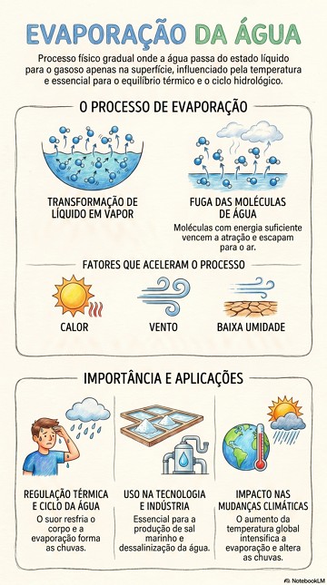 Infogr&aacute;fico explicando o processo de evapora&ccedil;&atilde;o da &aacute;gua e caracter&iacute;sticas