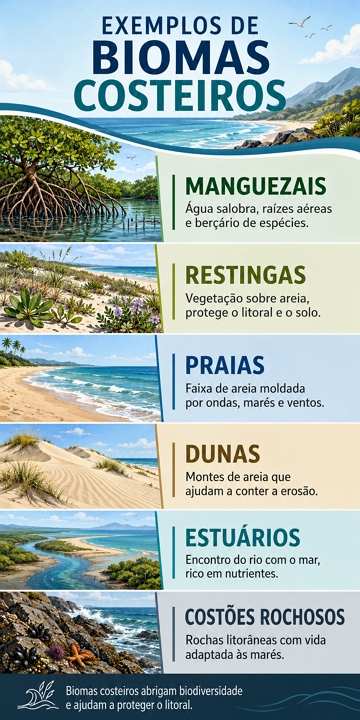 Infogr&aacute;fico com exemplos de biomas costeiros