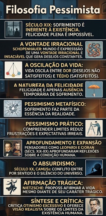 Infogr&aacute;fico com resumo da ideias da filosofia pessimista e fil&oacute;sofos pessimistas