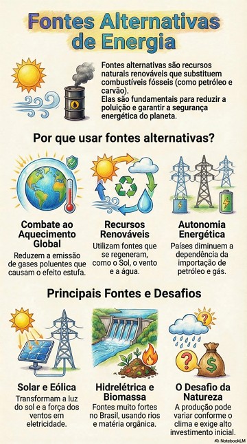 Infogr&aacute;fico sobre fontes alternativas de energia e exemplos