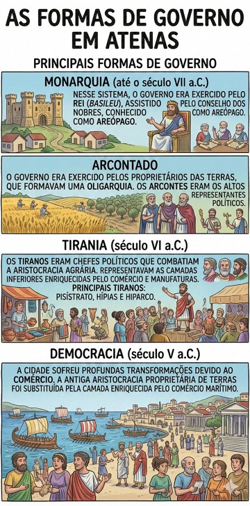 Infogr&aacute;fico resumido e did&aacute;tico de Hist&oacute;ria sobre as forma de governo em Atenas Antiga