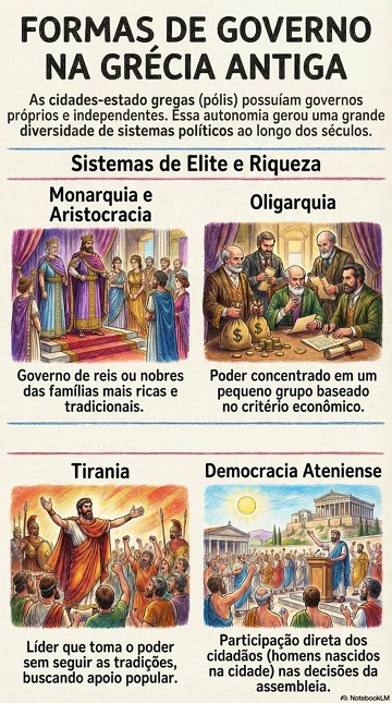 Infogr&aacute;fico mostrando as principais formas de governo que existiram na Gr&eacute;cia Antiga