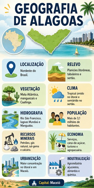 Infogr&aacute;fico com os principais aspectos geogr&aacute;ficos do estado de Alagoas