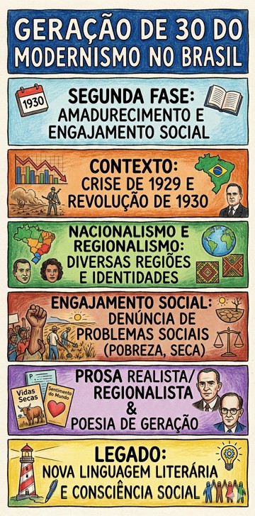 Infogr&aacute;fico com resumo sobre a Gera&ccedil;&atilde;o de 30 do Modernismo no Brasil