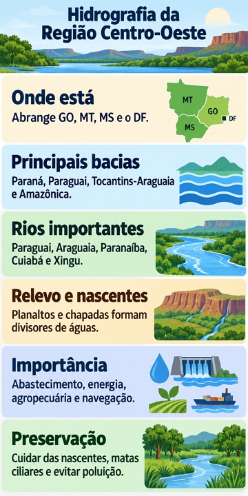 Infogr&aacute;fico sobre a Hidrografia da Regi&atilde;o Centro-Oeste do Brasil