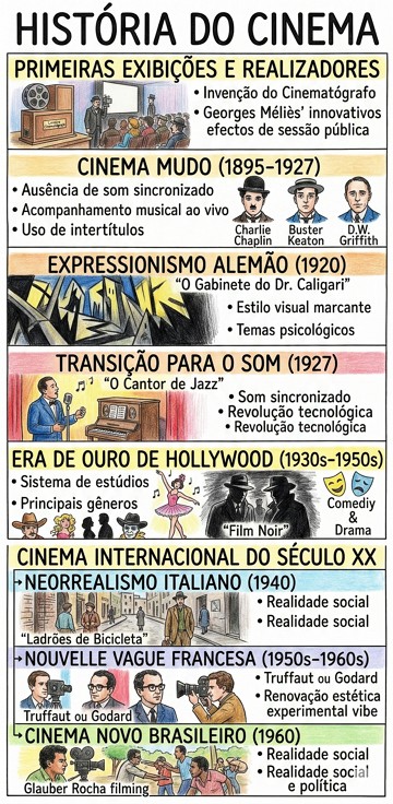 Infogr&aacute;fico sobre a hist&oacute;ria do Cinema com principais fases