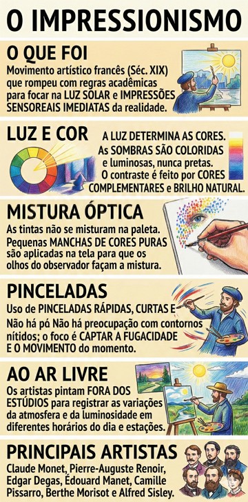 Infogr&aacute;fico com s&iacute;ntese sobre o Impressionismo: caracter&iacute;sticas e artistas