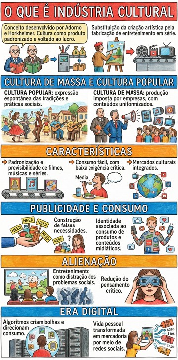 Infogr&aacute;fico com resumo sobre a ind&uacute;stria cultural