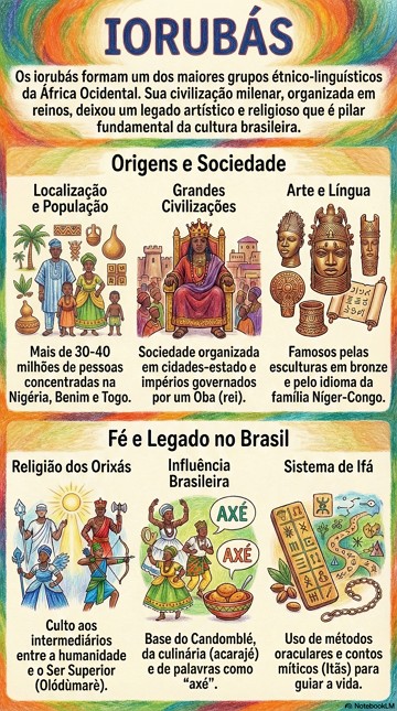 Infogr&aacute;fico did&aacute;tico sobre origem, sociedade, f&eacute; legado no Brasil dos Iorub&aacute;s