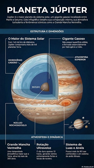 Infogr&aacute;fico com as principais caracter&iacute;sticas do Planeta J&uacute;piter