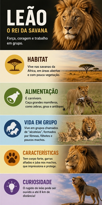 Infogr&aacute;fico sobre o le&atilde;o e suas caracter&iacute;sticas