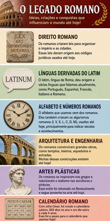 Infogr&aacute;fico sobre importantes legados deixados pelos romanos