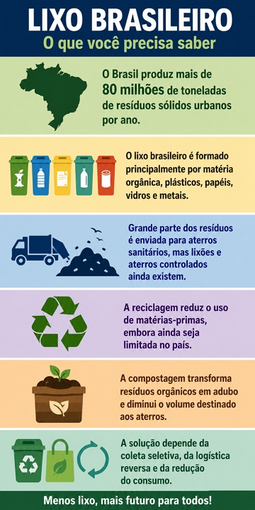 Infogr&aacute;fico sobre a composi&ccedil;&atilde;o e destino do lixo produzido no Brasil