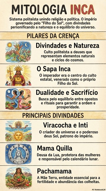 Infogr&aacute;fico com resumo sobre a Mitologia Inca e principais deuses