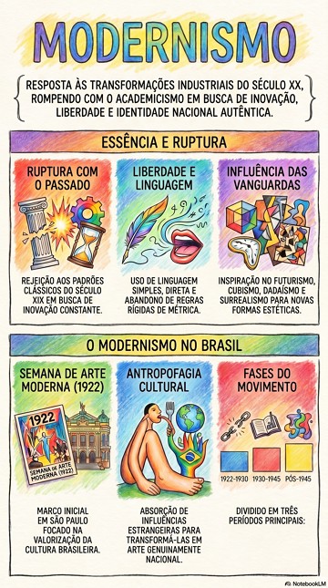 Infogr&aacute;fico com as caracter&iacute;sticas do Modernismo nas Artes e Literatura