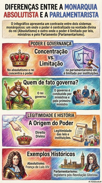Infogr&aacute;fico explicando as diferen&ccedil;as entre a monarquia absolutista e a parlamentarista