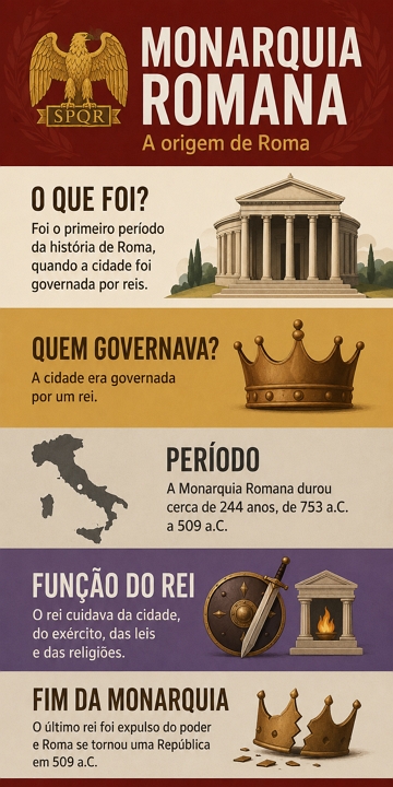 Infogr&aacute;fico de Hist&oacute;ria sobre o per&iacute;odo da Monarquia Romana