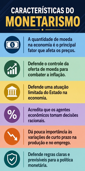 Infogr&aacute;fico com as principais caracter&iacute;sticas do Monetarismo