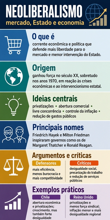 Infogr&aacute;fico com as principais caracter&iacute;sticas do Neoliberalismo