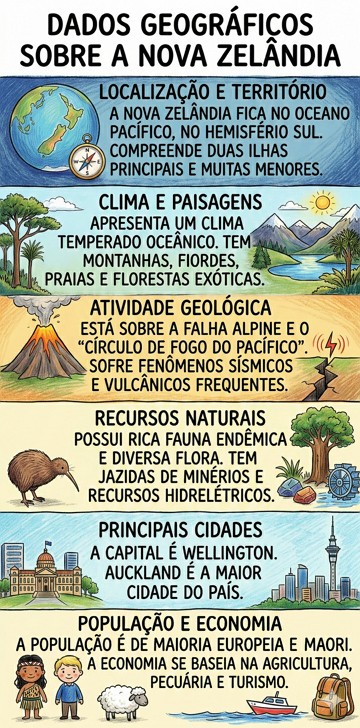 Infogr&aacute;fico com dados geogr&aacute;ficos da Nova Zel&acirc;ndia