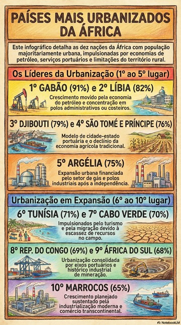 Infogr&aacute;fico com os 10 pa&iacute;ses mais urbanizados da &Aacute;frica
