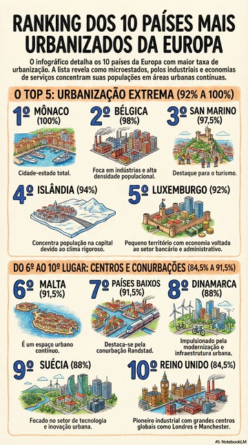 Infogr&aacute;fico com os 10 pa&iacute;ses mais urbanizados da Europa
