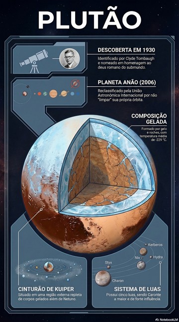 Infogr&aacute;fico sobre o planeta an&atilde;o Plut&atilde;o com informa&ccedil;&otilde;es importantes