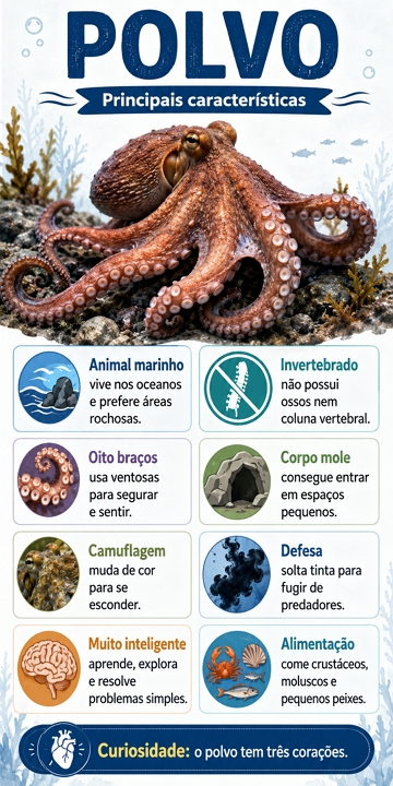 Infogr&aacute;fico sobre as caracter&iacute;sticas do polvo
