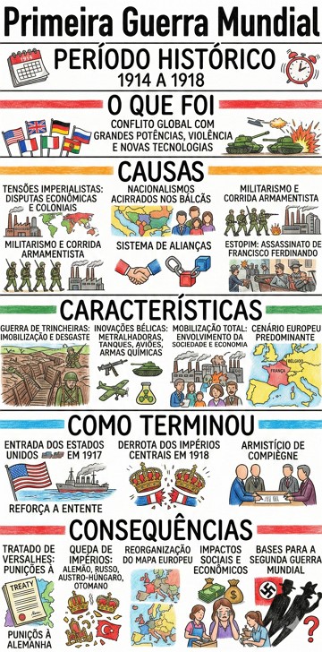 Infogr&aacute;fico com resumo sobre a Primeira Guerra Mundial