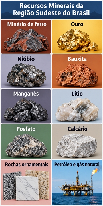 Infogr&aacute;fico mostrando os 10 principais recursos minerais da regi&atilde;o Sudeste do Brasil