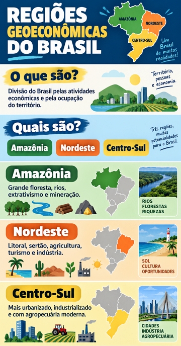 Infogr&aacute;fico sobre as 3 regi&otilde;es geoecon&ocirc;micas do Brasil