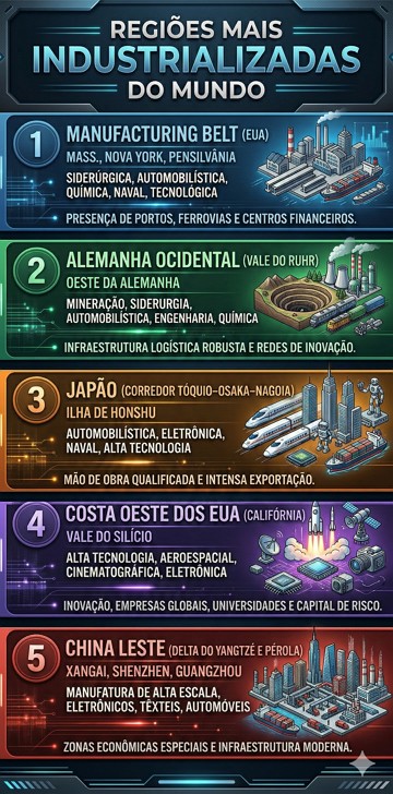 Infogr&aacute;fico mostrando as 5 regi&otilde;es mais industrializadas do mundo